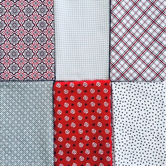 Quilt Bundle 6 Half Yards Floral Plaid & Geometric Red Black White Cotton Fabric - Picture 1 of 7